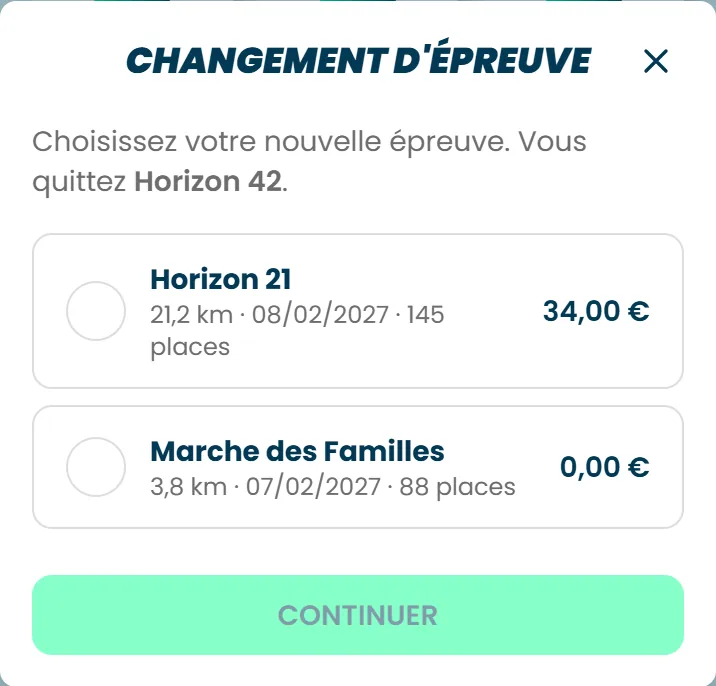 La fenêtre Changement d'épreuve, qui propose les autres épreuves avec leur distance, leur date, leurs places et leur tarif