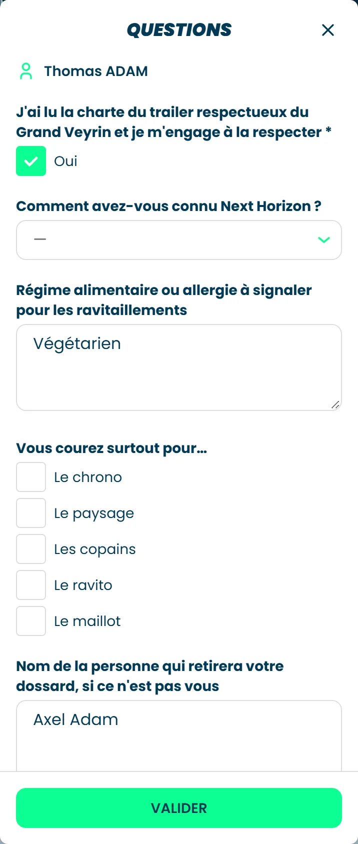 La fenêtre Questions, avec les réponses données à l'organisateur