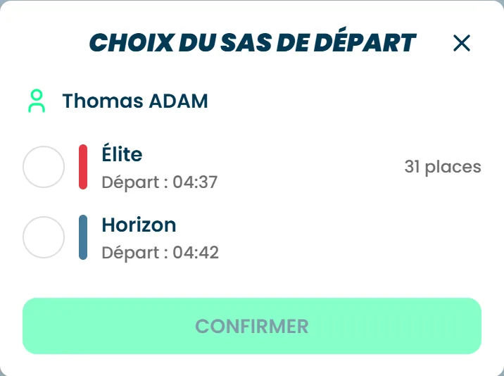 La fenêtre Choix du SAS de départ, avec deux SAS et leur heure de départ