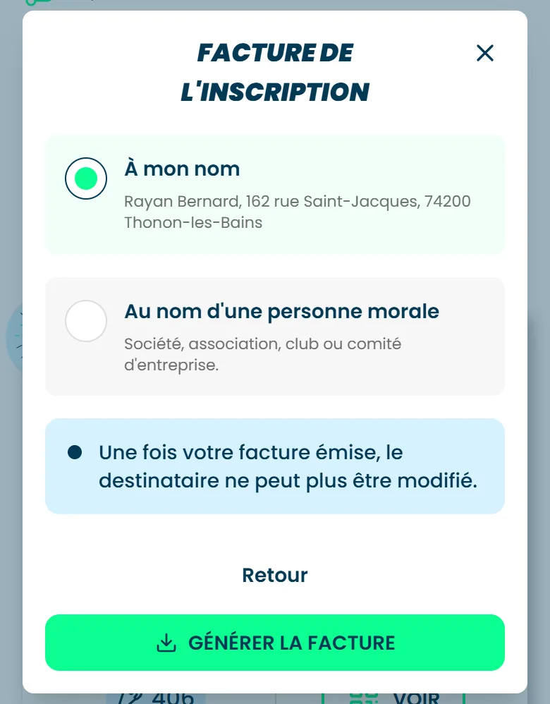 La fenêtre Facture de l'inscription, avec le choix entre À mon nom et Au nom d'une personne morale, et le bouton Générer la facture