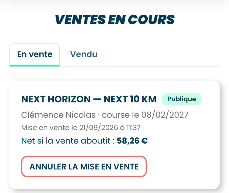 L'écran Ventes en cours, avec un dossard en vente publique, le net versé si la vente aboutit et le bouton Annuler la mise en vente