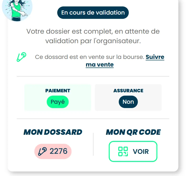 Le tableau de bord de l'inscription pendant la vente, avec la mention Ce dossard est en vente sur la bourse et le lien Suivre ma vente