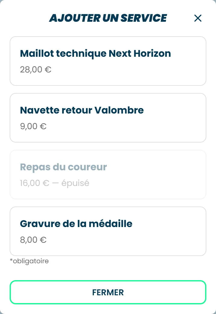 La fenêtre Ajouter un service, avec quatre services et leur prix, dont un épuisé