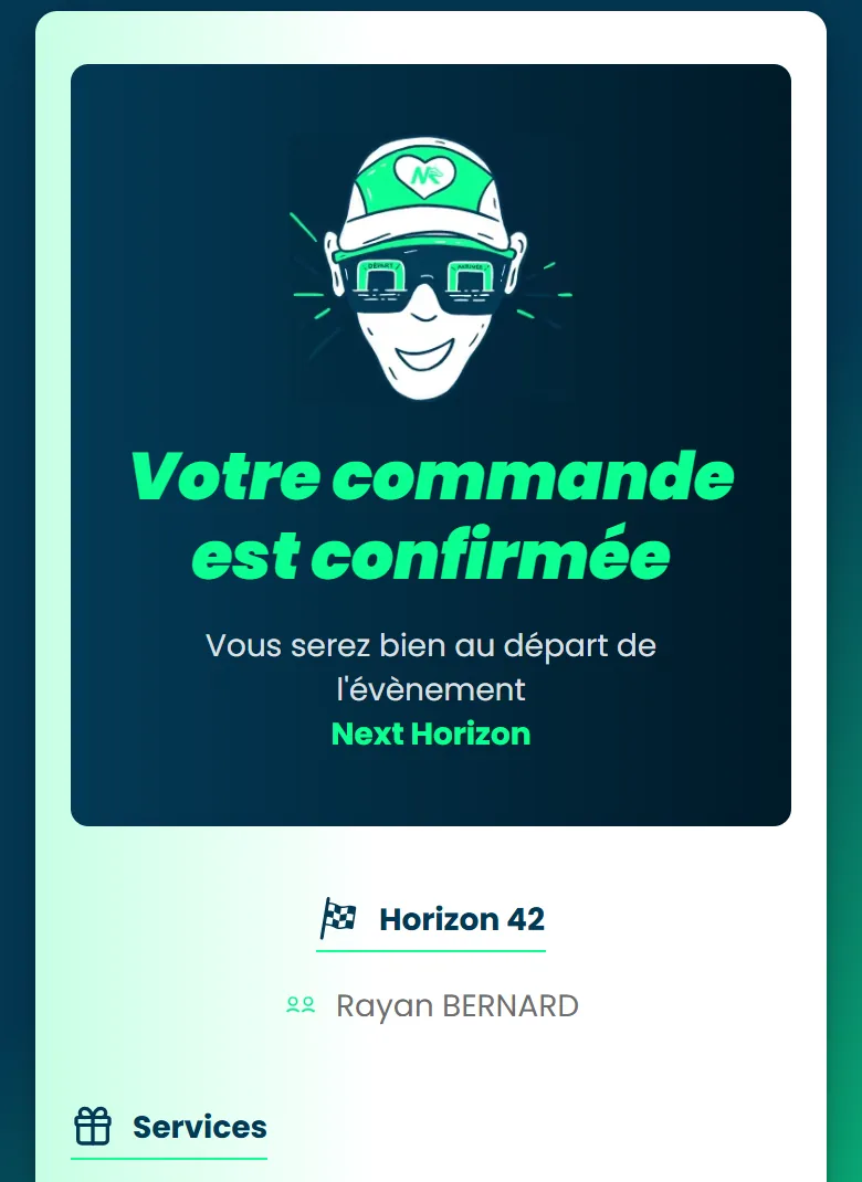 L'écran Votre commande est confirmée, avec l'épreuve, le participant et le service offert