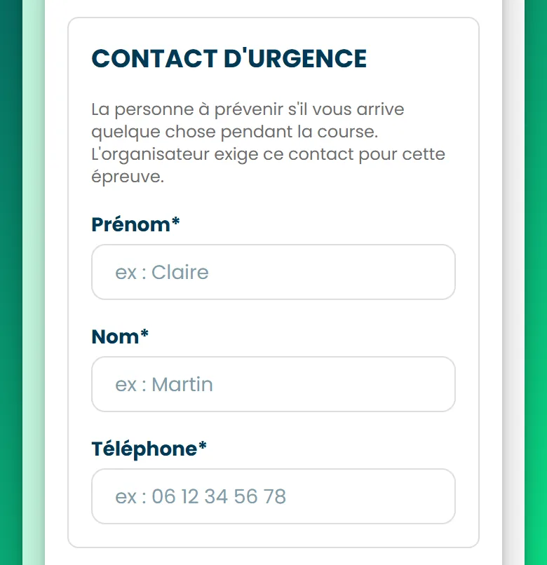 Le bloc Contact d'urgence de l'étape 1, avec le prénom, le nom et le téléphone de la personne à prévenir