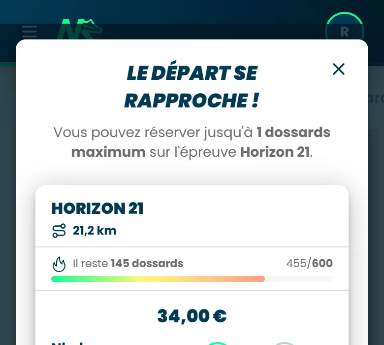 La fenêtre qui s'ouvre après Je m'inscris, avec l'épreuve, les dossards restants, le tarif et le compteur du nombre de dossards