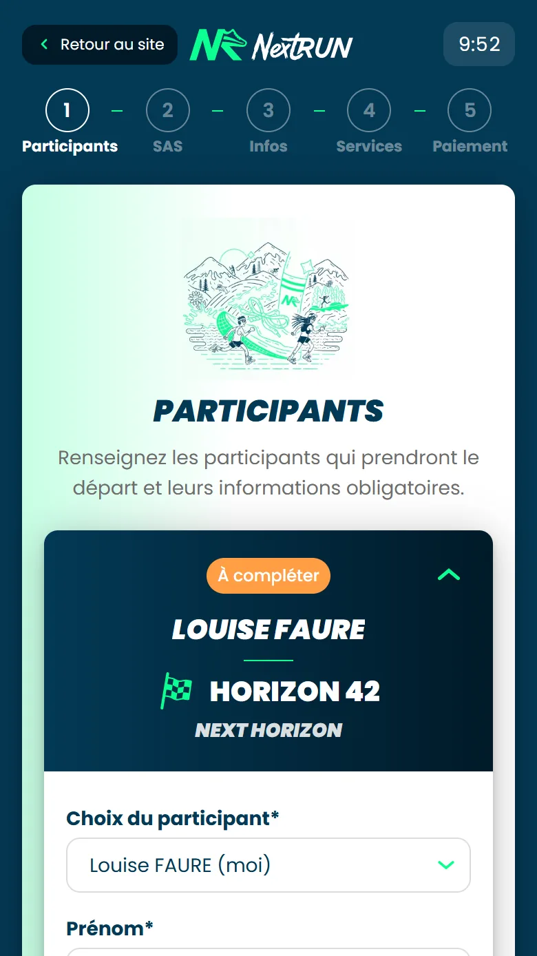 Le haut de l'étape 1, avec les cinq étapes du parcours, le compte à rebours du panier et le choix du participant