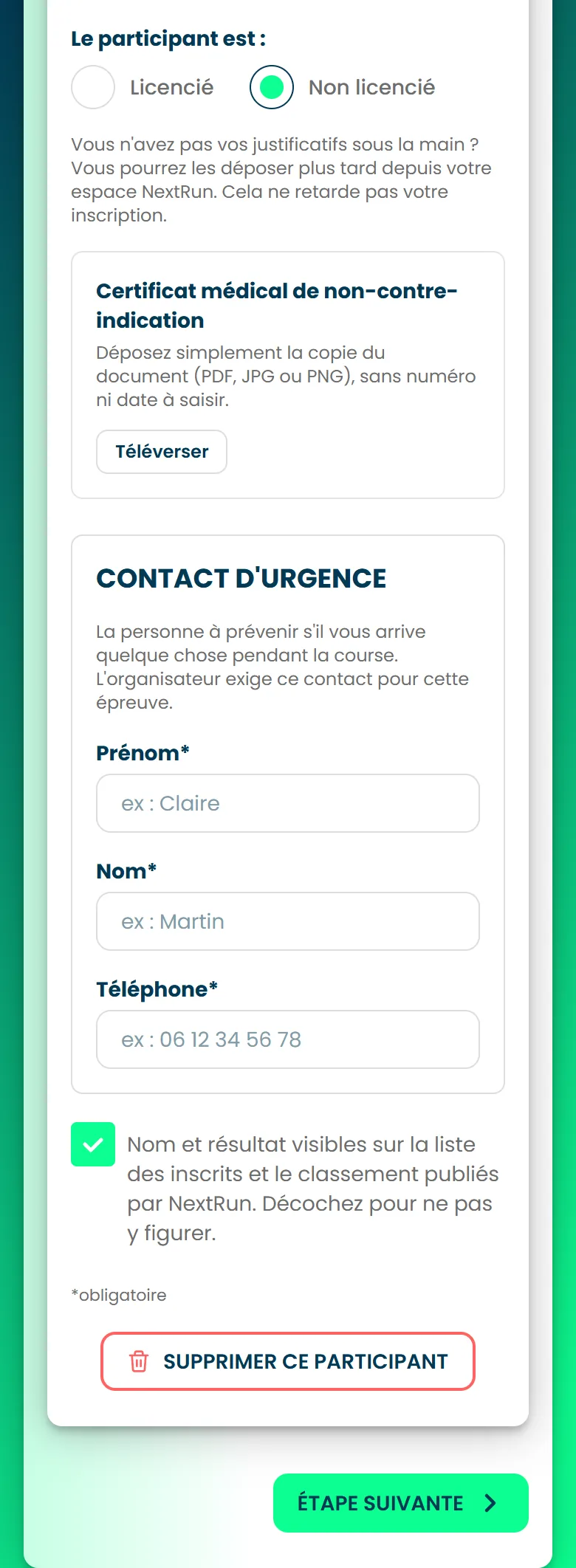 Le bas de l'étape 1, avec le choix entre Licencié et Non licencié, le certificat médical à téléverser et le bouton Étape suivante