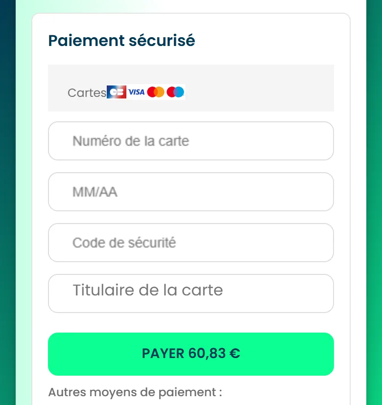 Le formulaire de carte bancaire, avec le numéro, la date d'expiration, le code de sécurité, le titulaire et le bouton Payer